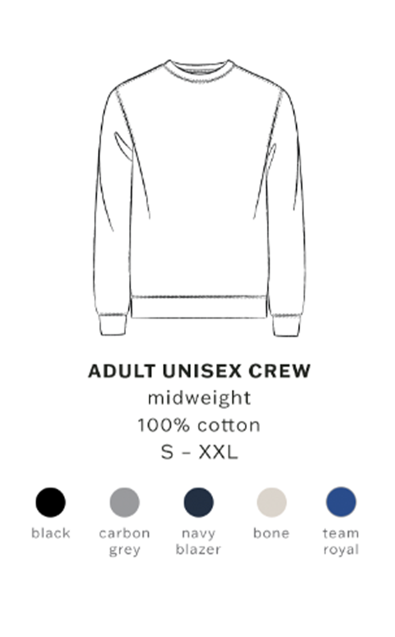 White sweatshirt with color swatches for adult unisex crew in various colors on a white background.