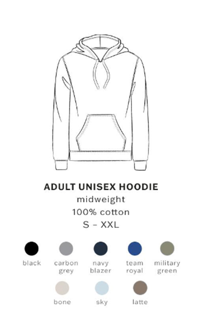 Outline of an adult unisex hoodie with color swatches below on a white background