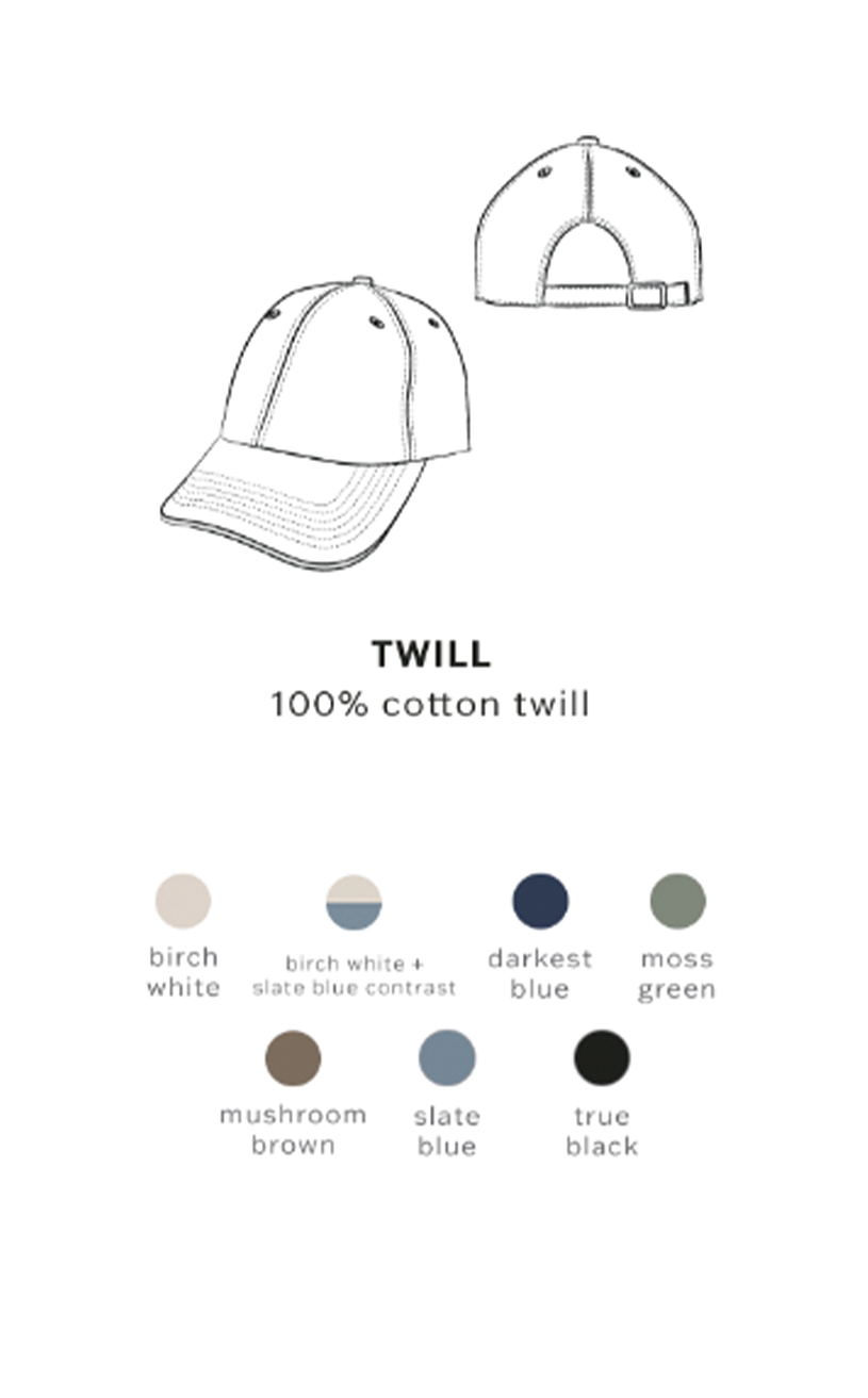 Cap design with color swatches for twill fabric on a white background