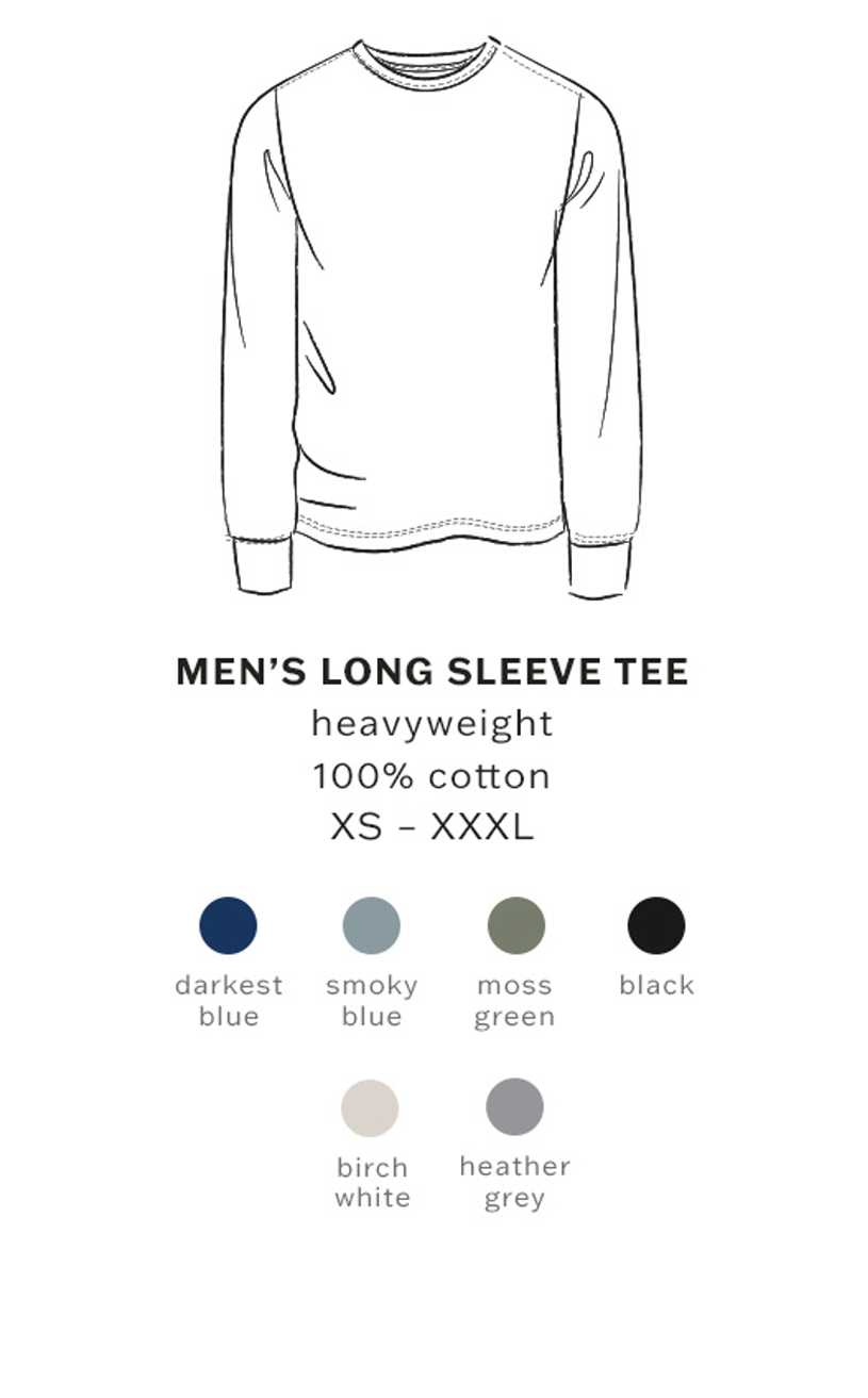 Men's long sleeve tee with color swatches for various shades on a white background