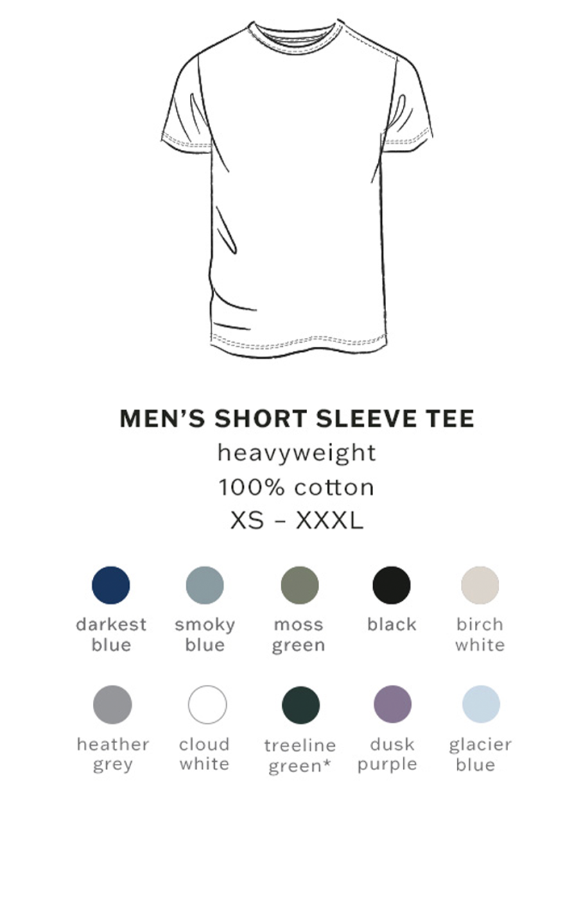 Men's short sleeve tee with color swatches for various shades on a white background