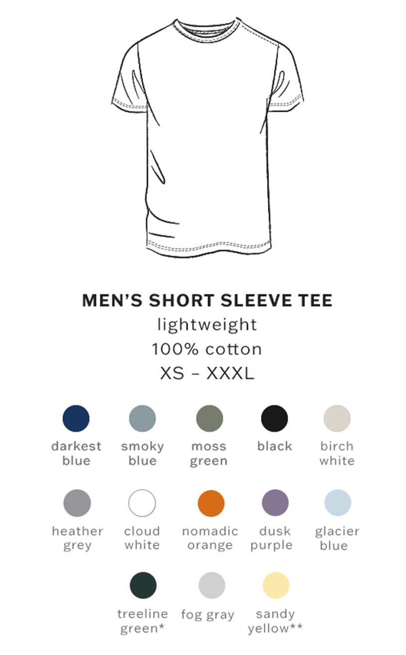 Men's short sleeve tee with color swatches for various shades on a white background