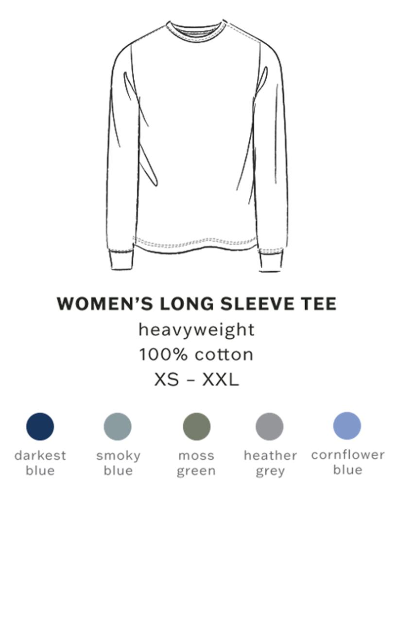 Line drawing of a women's long sleeve tee with color swatches below on a white background