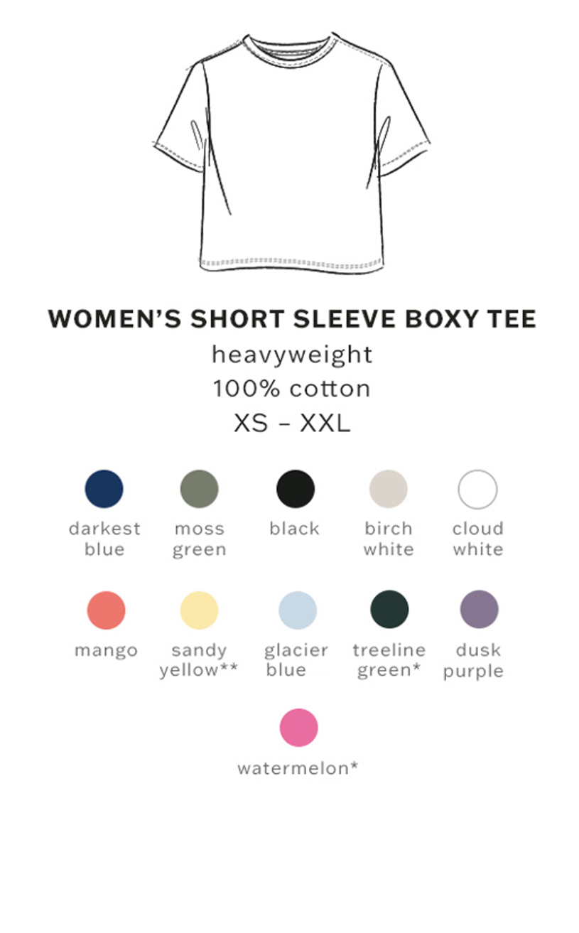 Women's short sleeve boxy tee with color swatches and size information on a white background