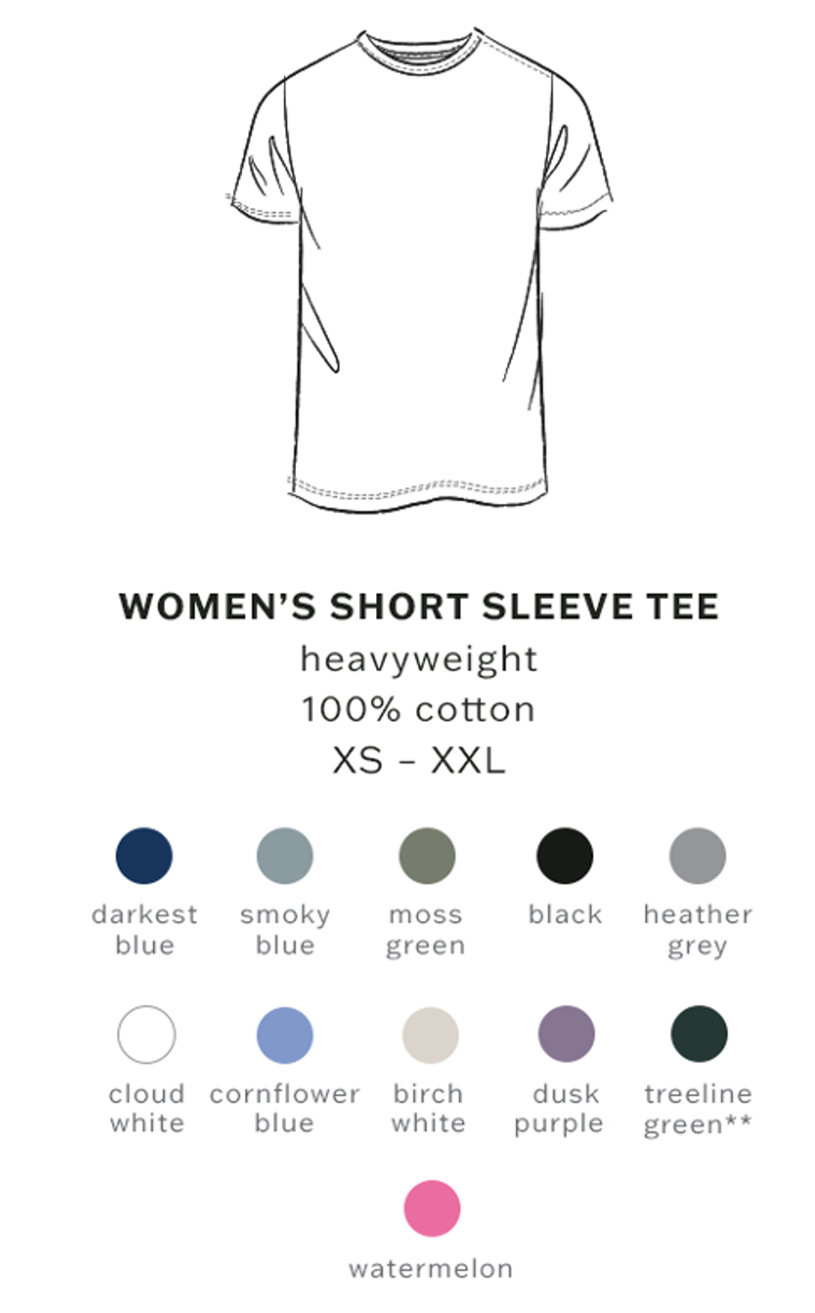 Product sheet for women's short sleeve tee with color options on a white background