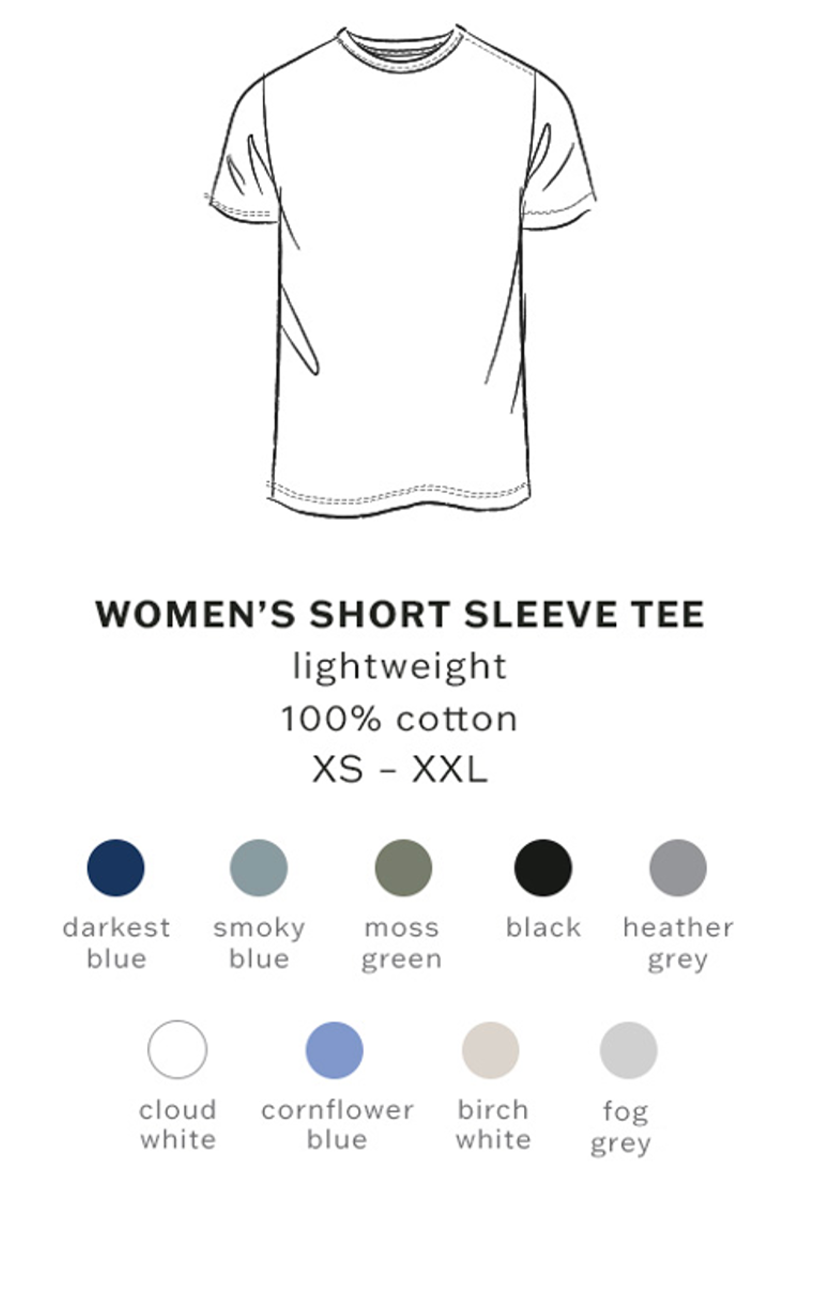Women's short sleeve tee with color swatches and size information on a white background